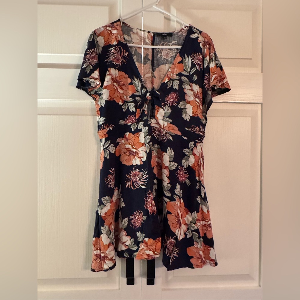Blue and Coral Floral Print Skater Dress with Keyhole and Tie Details